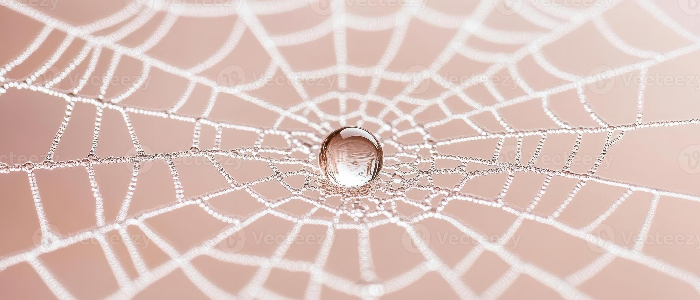 Delicate spiderweb covered with dew. One clear droplet hangs at the center. Pale pink background with soft light. Clean and natural design. photo