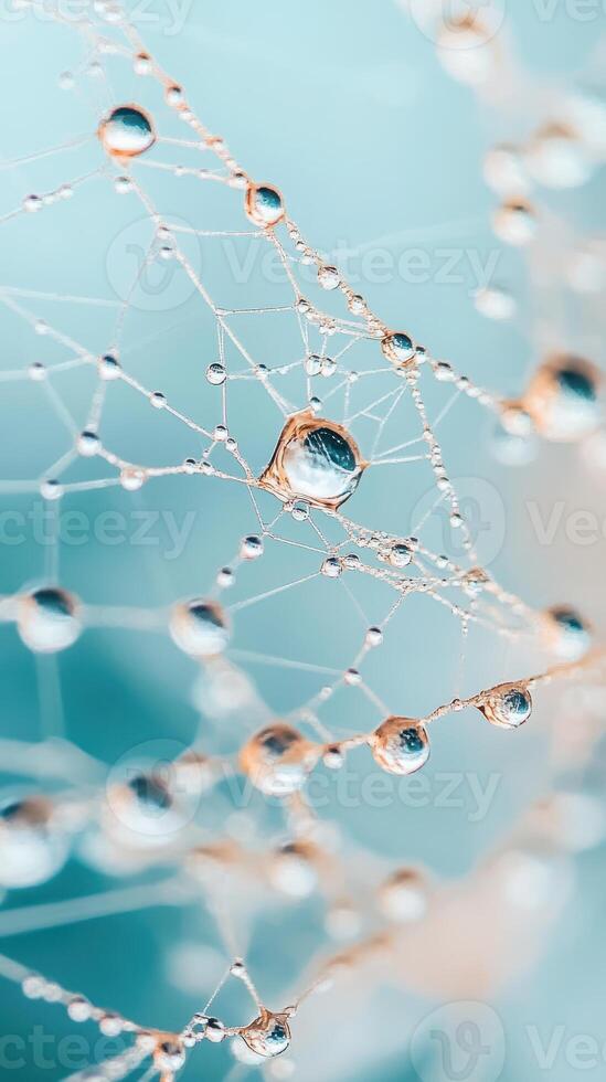 Delicate spiderweb glistens with clear water droplets against a soft blue backdrop. Close up view shows intricate network of dew covered silk strands. photo