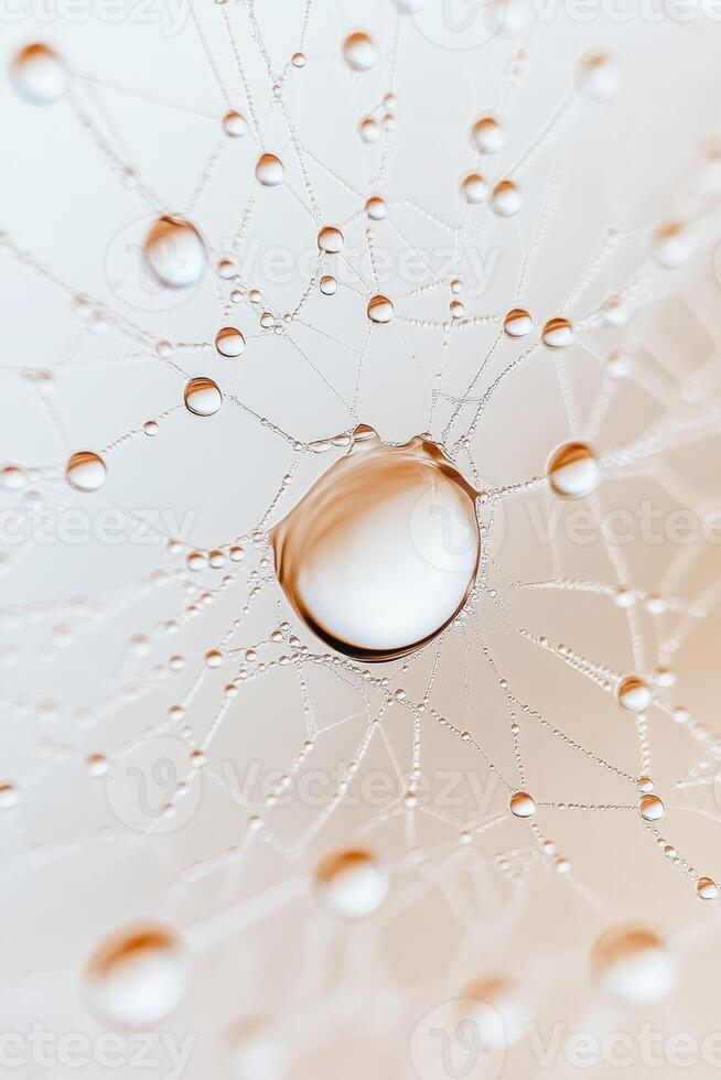 Delicate water droplets cling to a spiderweb. Strands glisten with moisture. Large drops suspend with gentle tension. Pale background with soft light. Close view. photo