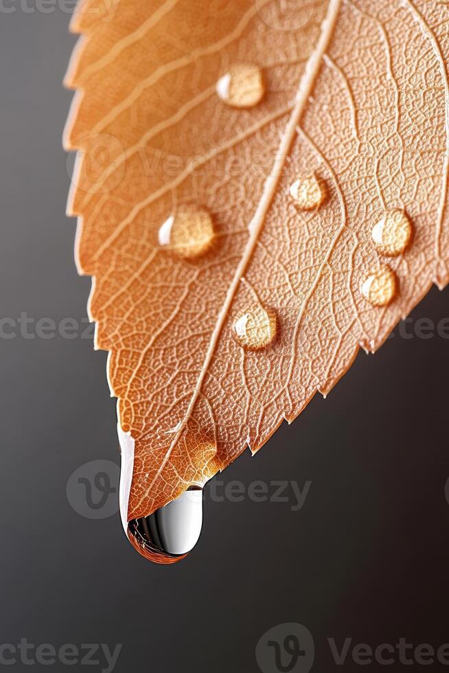 Autumn leaf closeup showing clear water droplets clinging. One drop hangs from the edge against a dark gray backdrop. Veins visible. photo