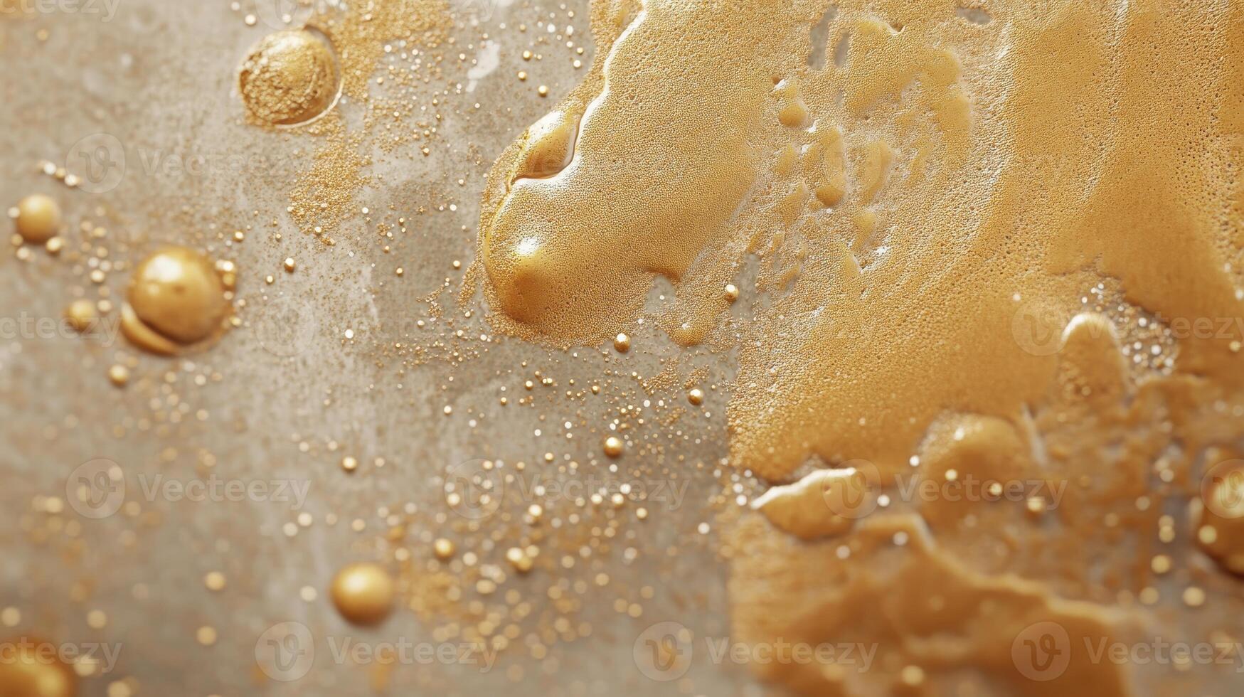 Golden liquid splashes on surface. Metallic drops merge and spread out. Shiny fluid creates unique designs. Close view of bronze colored material. Smooth texture with bubbles. photo
