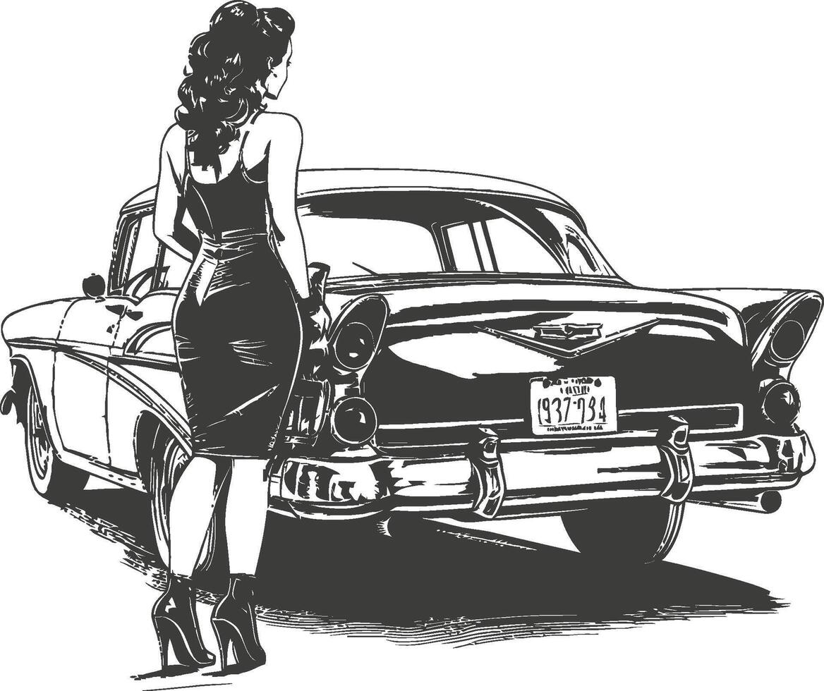 Elegant Woman Beside Classic Car in Vintage Black and White Illustration vector