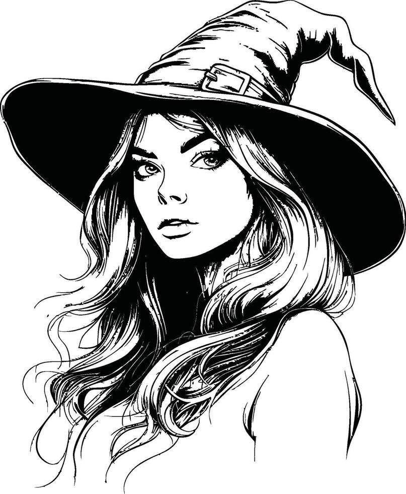 Elegant Witch Illustration with Flowing Hair and Distinctive Hat Design vector