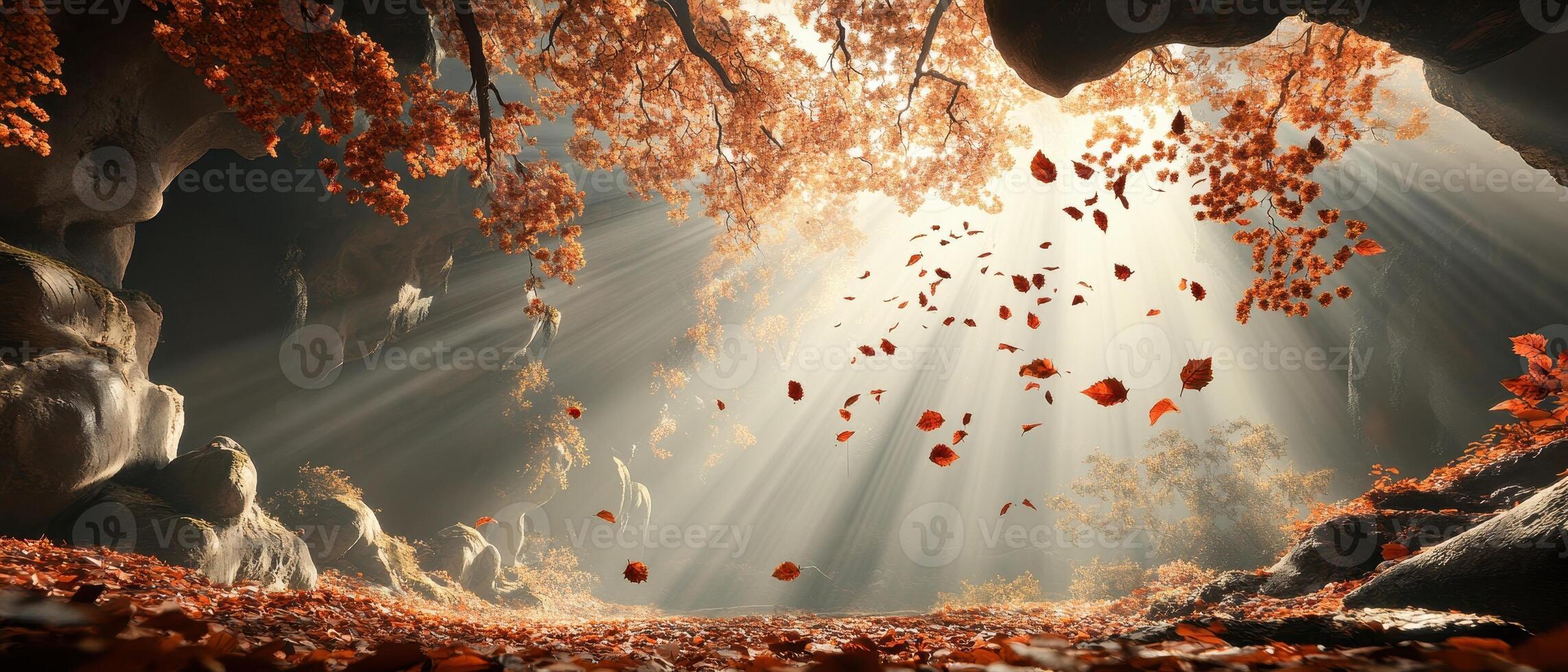 Cave entrance with light rays shining as orange leaves fall. Forest floor covered with fallen foliage. Sunlight filters through the tree canopy. photo
