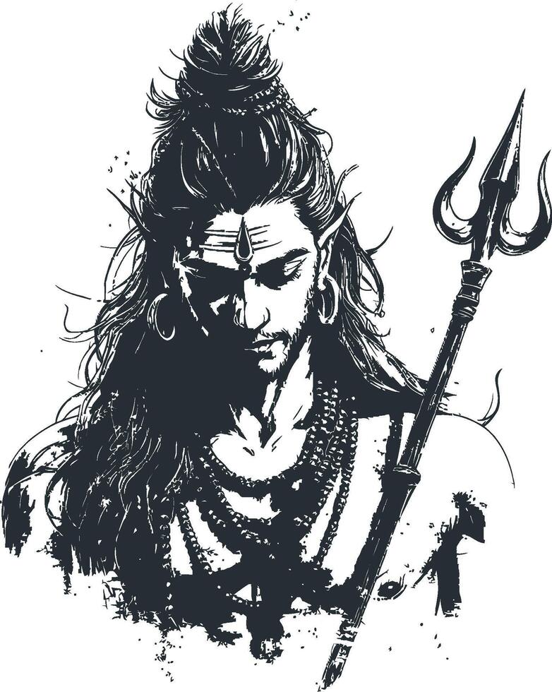 Detailed Black and White Illustration of a Hindu Deity with Trident vector