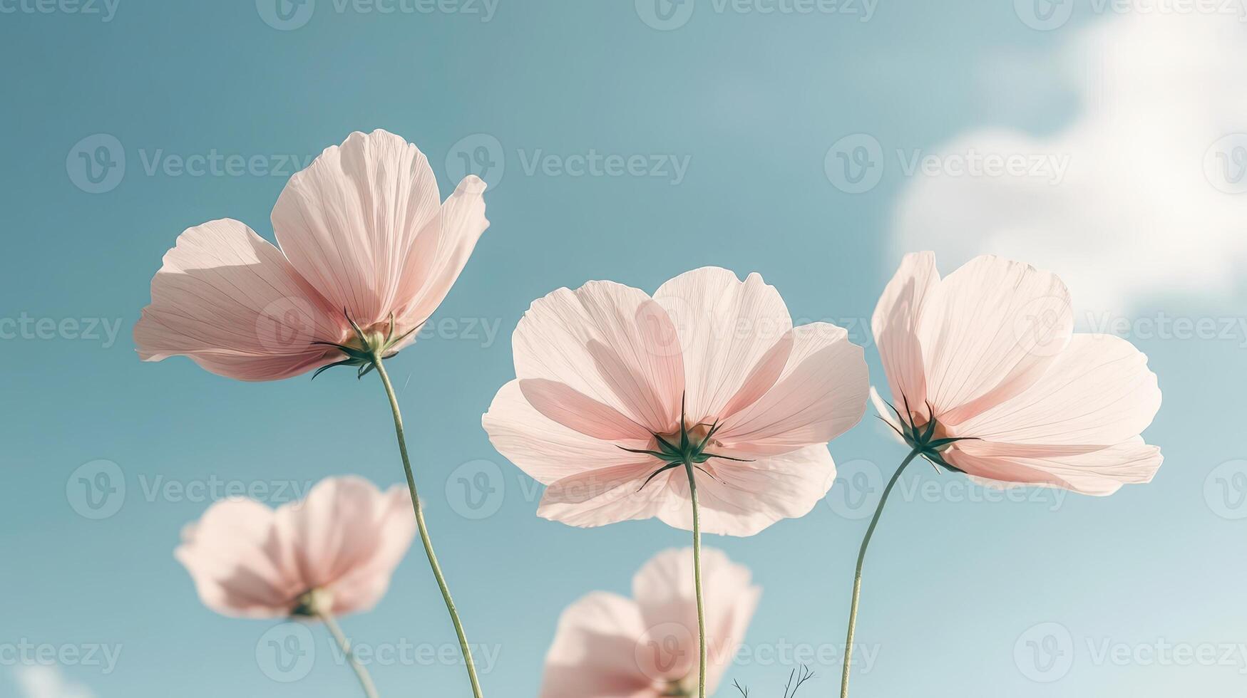 Pale pink petals of springtime bloom against a soft blue sky with fluffy clouds. Flowers sway gently with sunlight shining. Delicate floral arrangement, soft color palette. photo