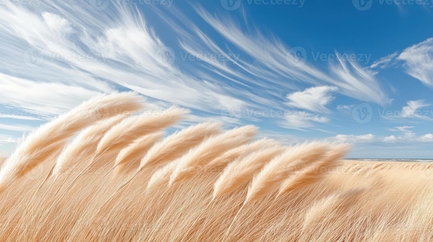 Dry grass sways gently beneath a bright blue sky with feathery white clouds near the ocean horizon. Wind blows. photo