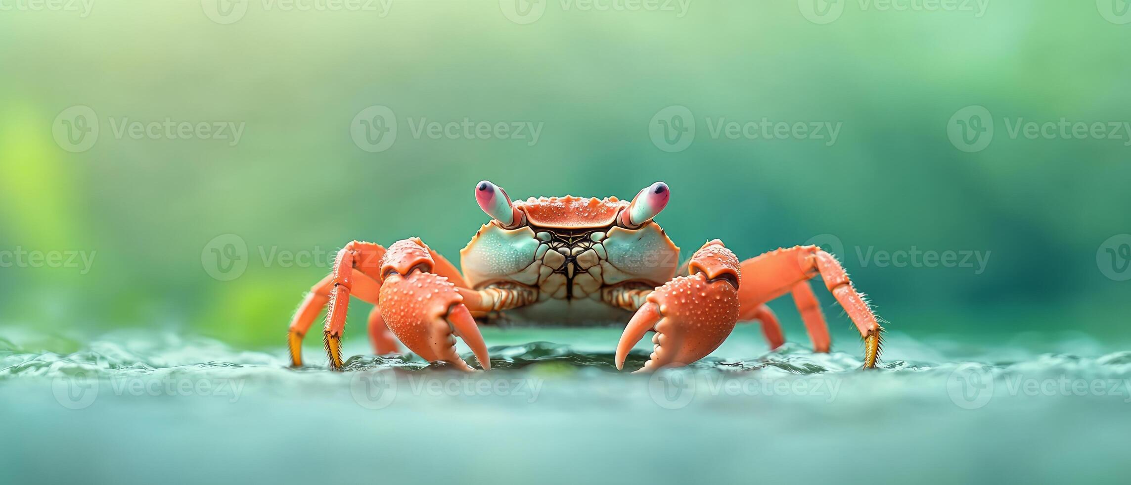 Vibrant crab with a bright shell forages in a shallow tidal pool surrounded by lush, tropical vegetation on a serene morning photo