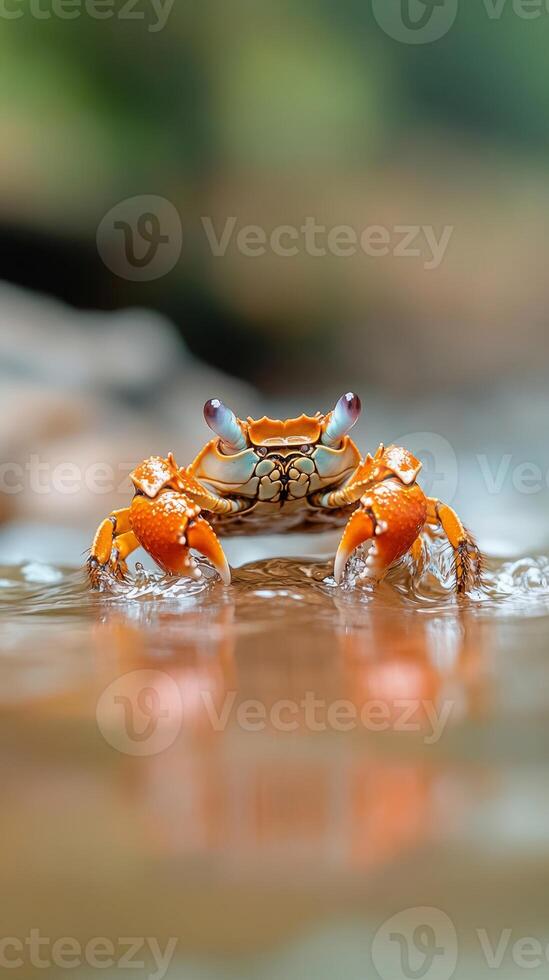 Colorful orange crab interacts with its environment as it emerges from warm waters in a vibrant tropical jungle, showcasing unique texture and colors photo