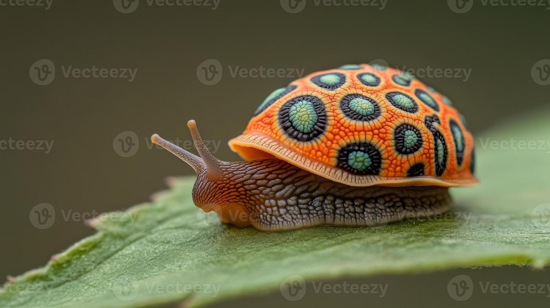 A unique snail with a striking orange shell featuring black and green spots rests peacefully on a green leaf in a vibrant tropical setting, highlighting nature's beauty photo