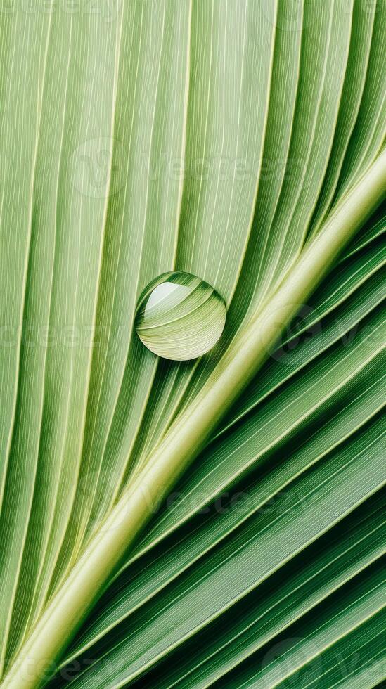 A sparkling water droplet clings to lush palm leaves under soft sunlight, highlighting the rich textures and colors of the jungle environment photo