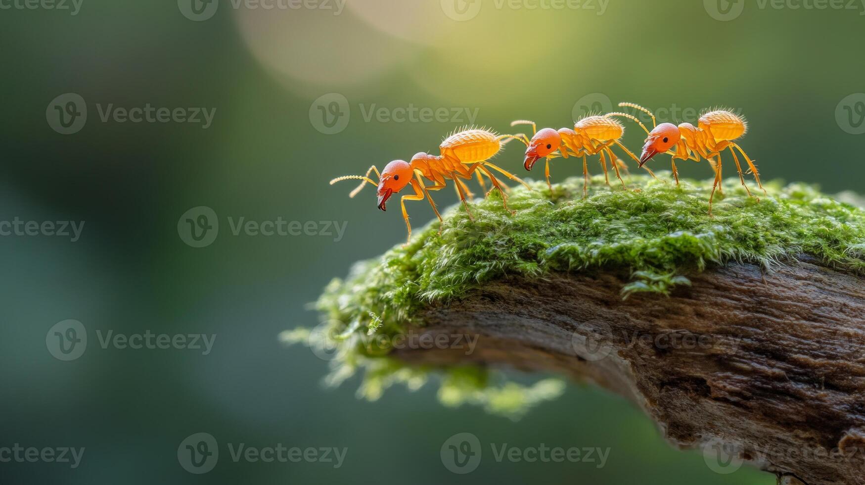 Bright orange ants traverse a vibrant green moss-covered log, showcasing their teamwork against the backdrop of a tropical jungle bathed in soft sunlight photo