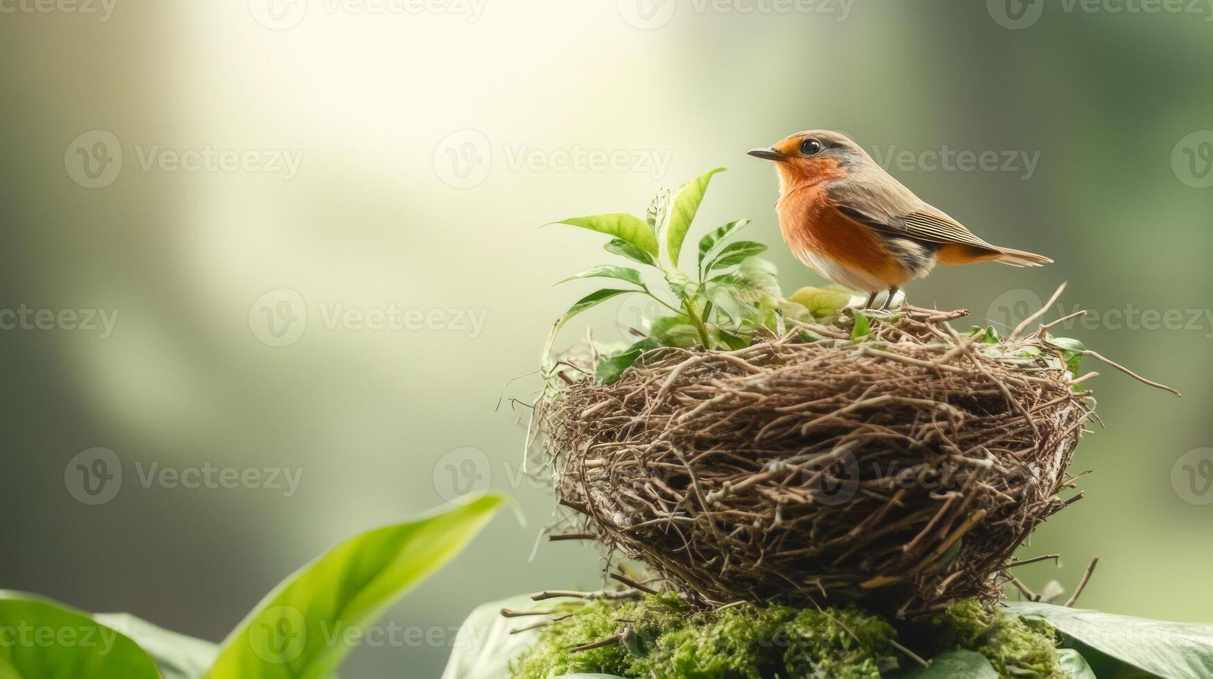 A vibrant bird stands on its nest surrounded by fresh foliage in a serene tropical jungle environment, capturing the beauty of nature's harmony during dawn photo