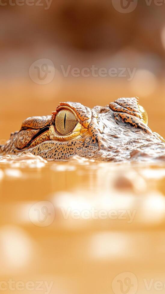 A tropical frog rests partially submerged in warm waters, showcasing its textured skin and vibrant eyes, surrounded by the lush ambiance of a jungle photo