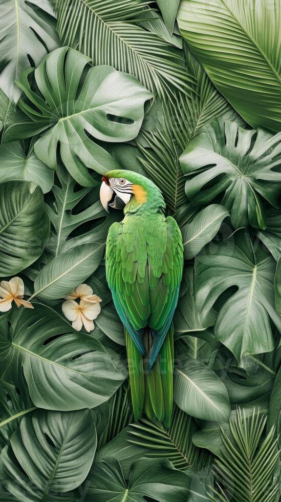 Lush green foliage surrounds a striking parrot, showcasing the beauty of tropical flora and fauna in a serene jungle environment photo