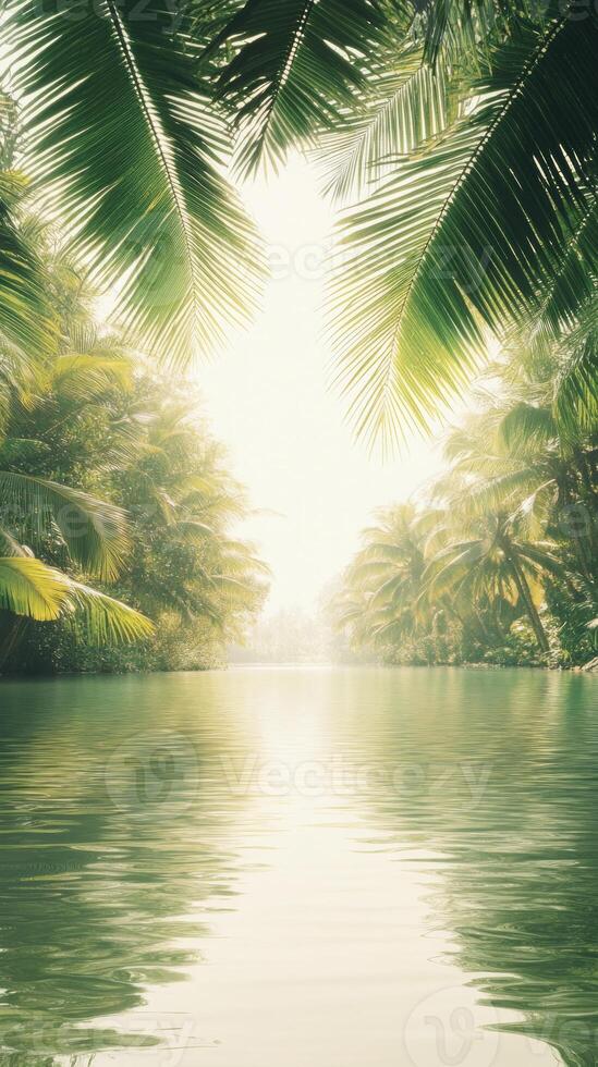 Sunlight filters through vibrant palm trees along a tranquil river, creating a serene atmosphere in a tropical jungle at dawn photo