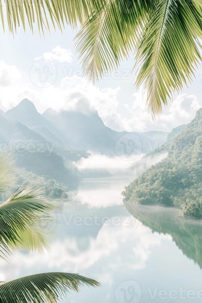 Lush palm fronds frame a serene river landscape with mist rolling over mountains, capturing the peaceful essence of a tropical jungle setting photo