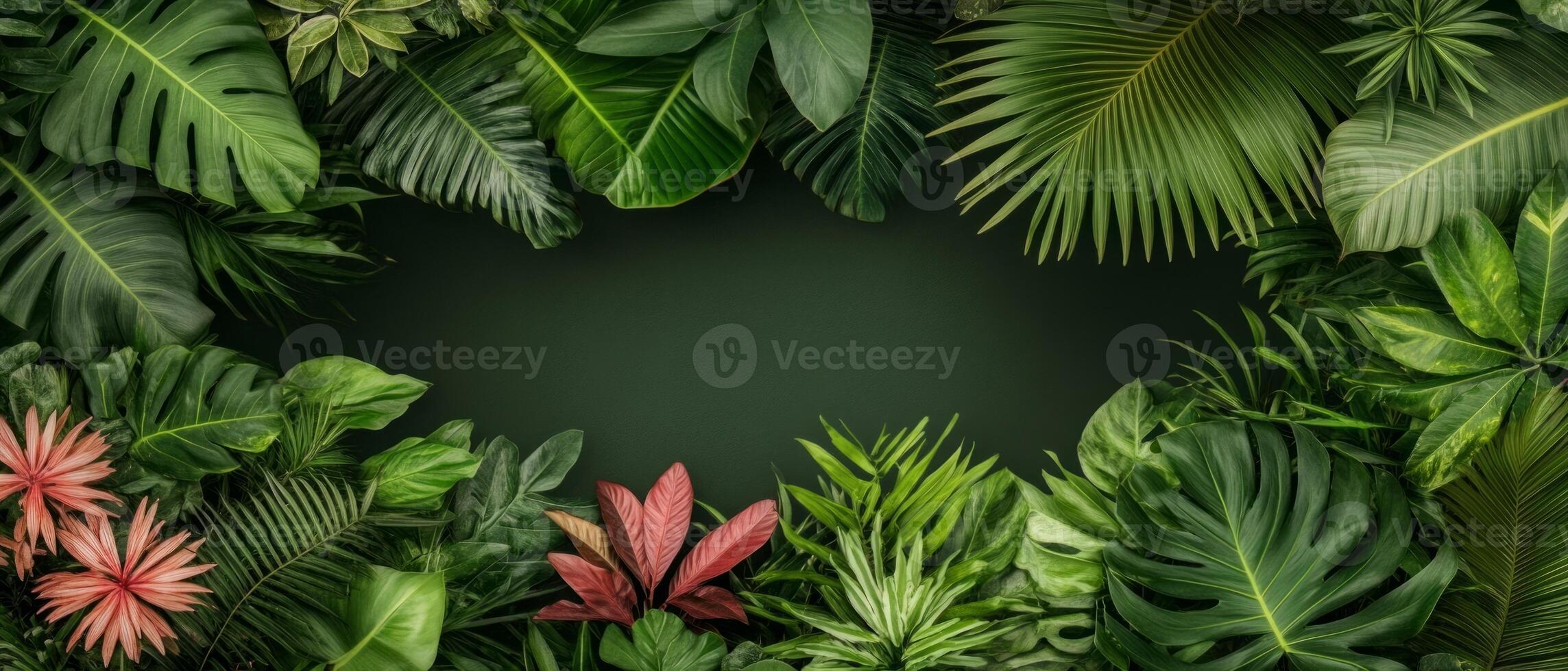 Lush, vibrant tropical leaves form a natural frame, showcasing a rich variety of textures and shades of green in a serene jungle environment photo