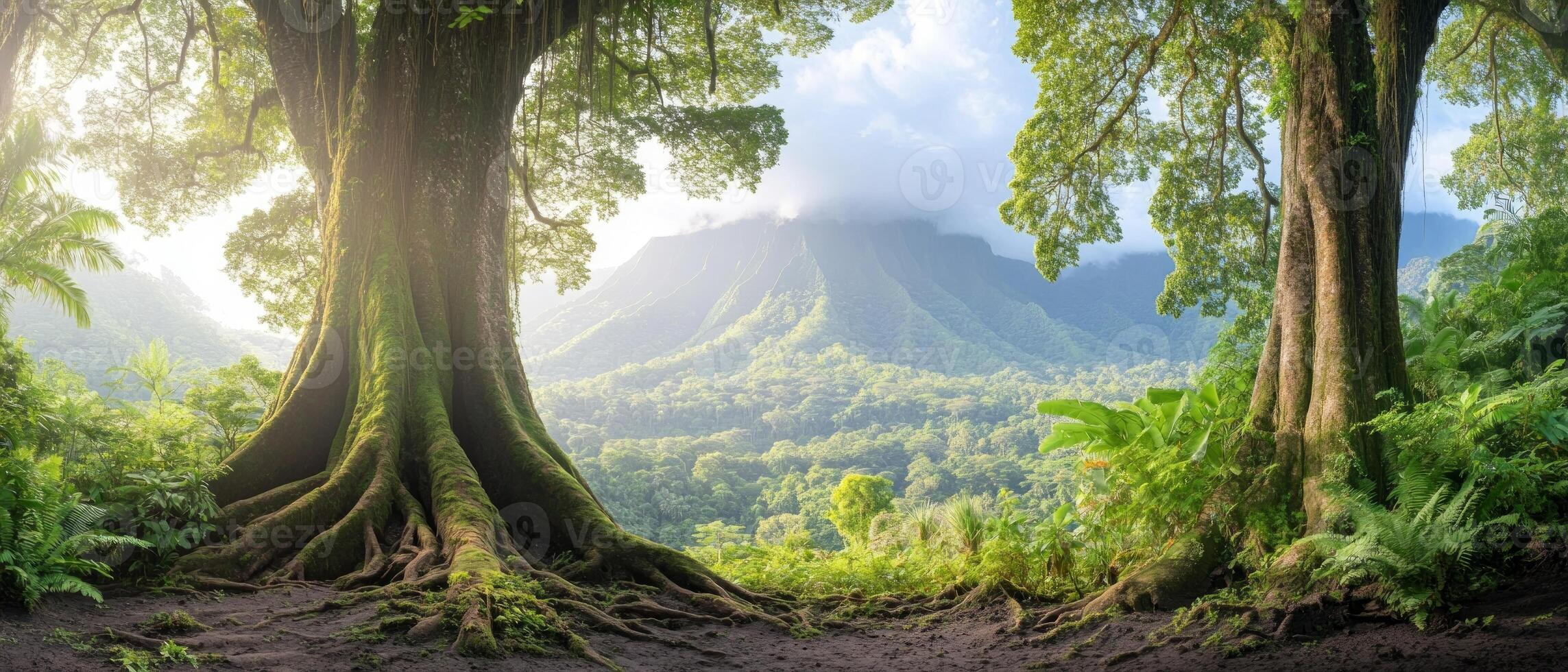 Explore the serene beauty of a tropical jungle with vibrant greenery, majestic trees, and scenic mountains basking in sunlight, inviting adventure and tranquility photo