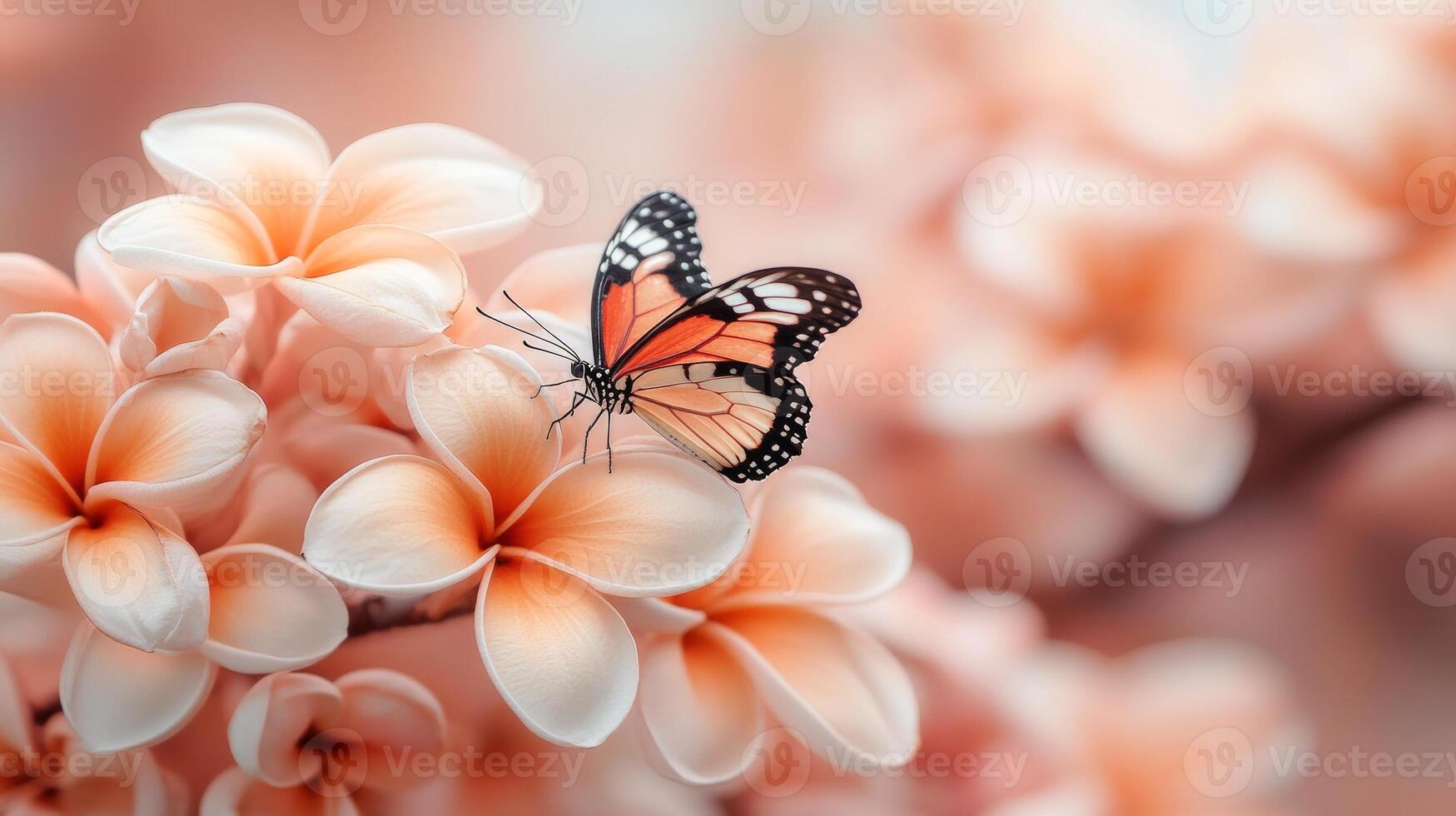 A beautiful monarch butterfly delicately perches on pastel plumeria blossoms, showcasing the rich colors and serene atmosphere of a tropical garden setting photo