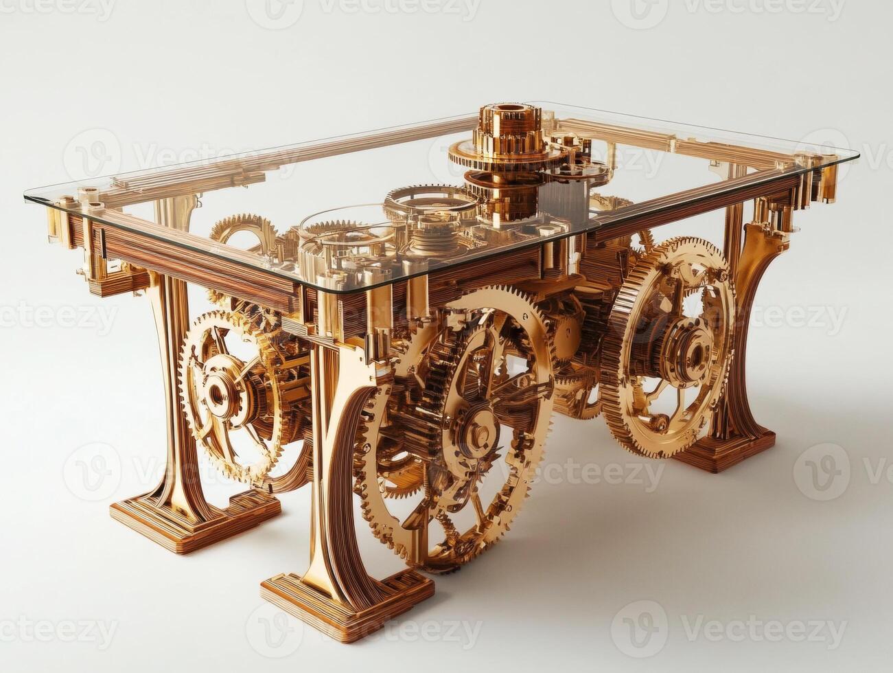 Intricate steampunk style table with visible gears and glass top photo