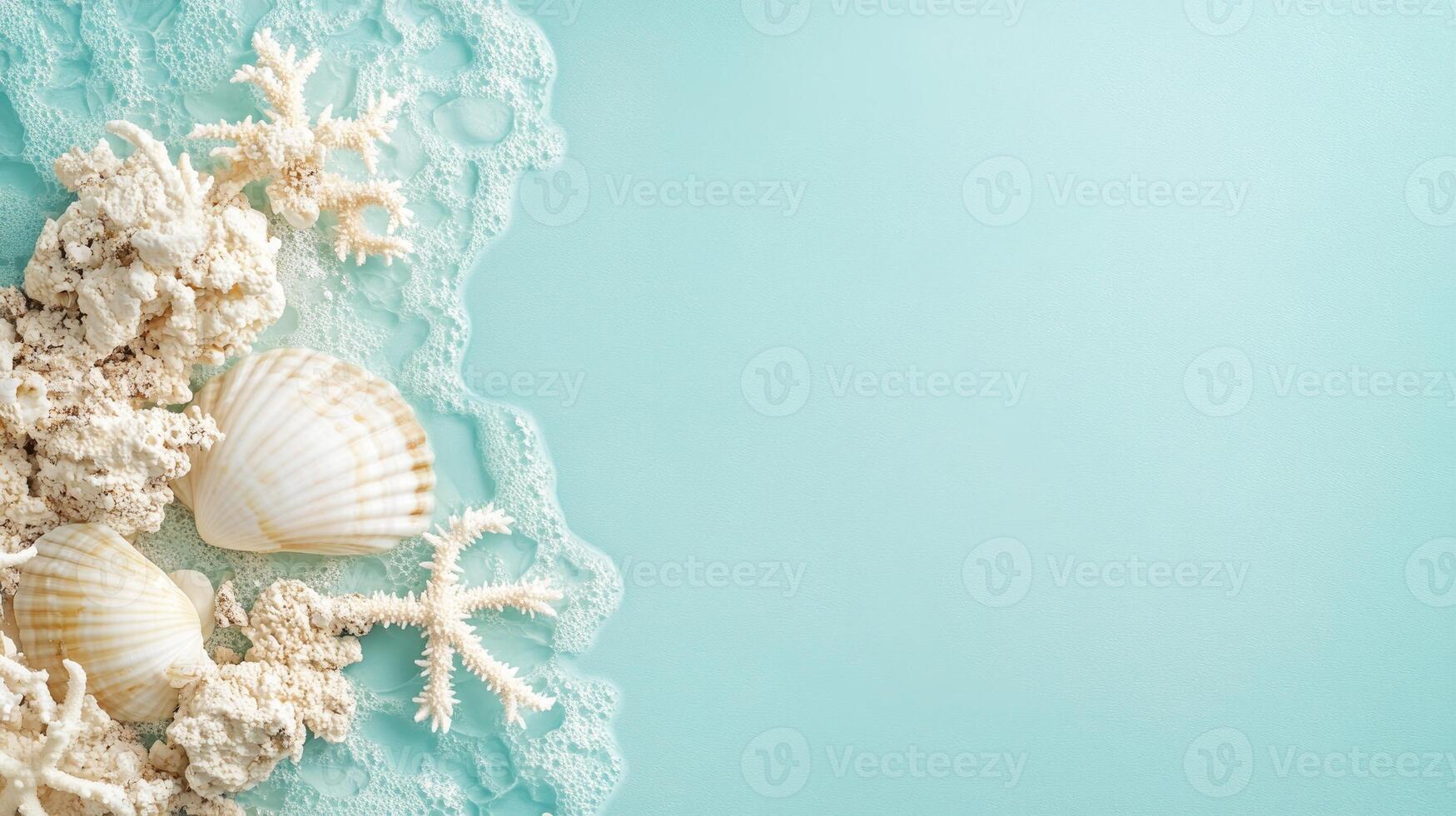 Seashells and coral pieces are beautifully arranged on a soft blue surface, perfect for creating beach-themed decor or summer marketing materials photo