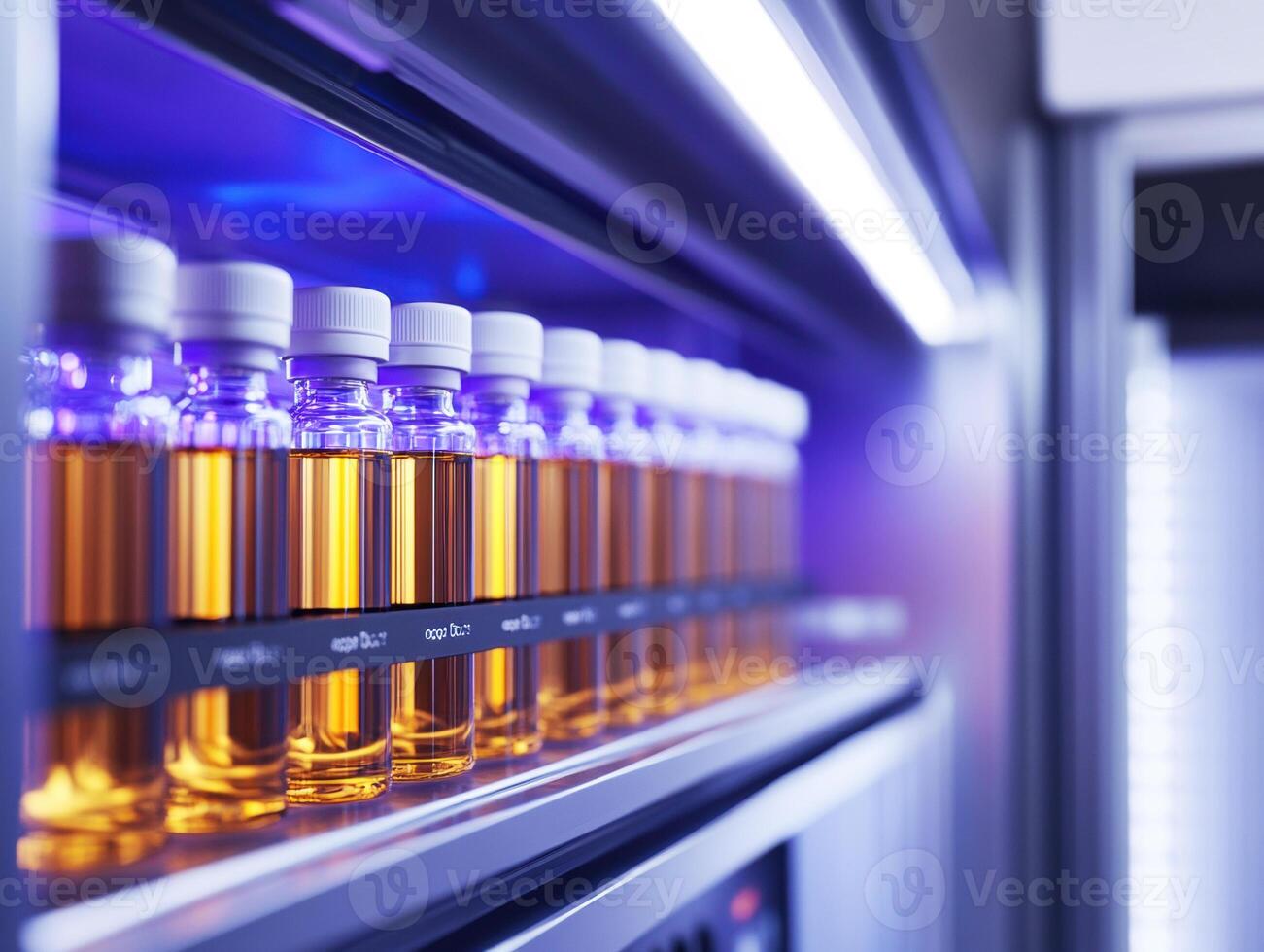 Vials of golden liquid stored in a laboratory refrigerator photo