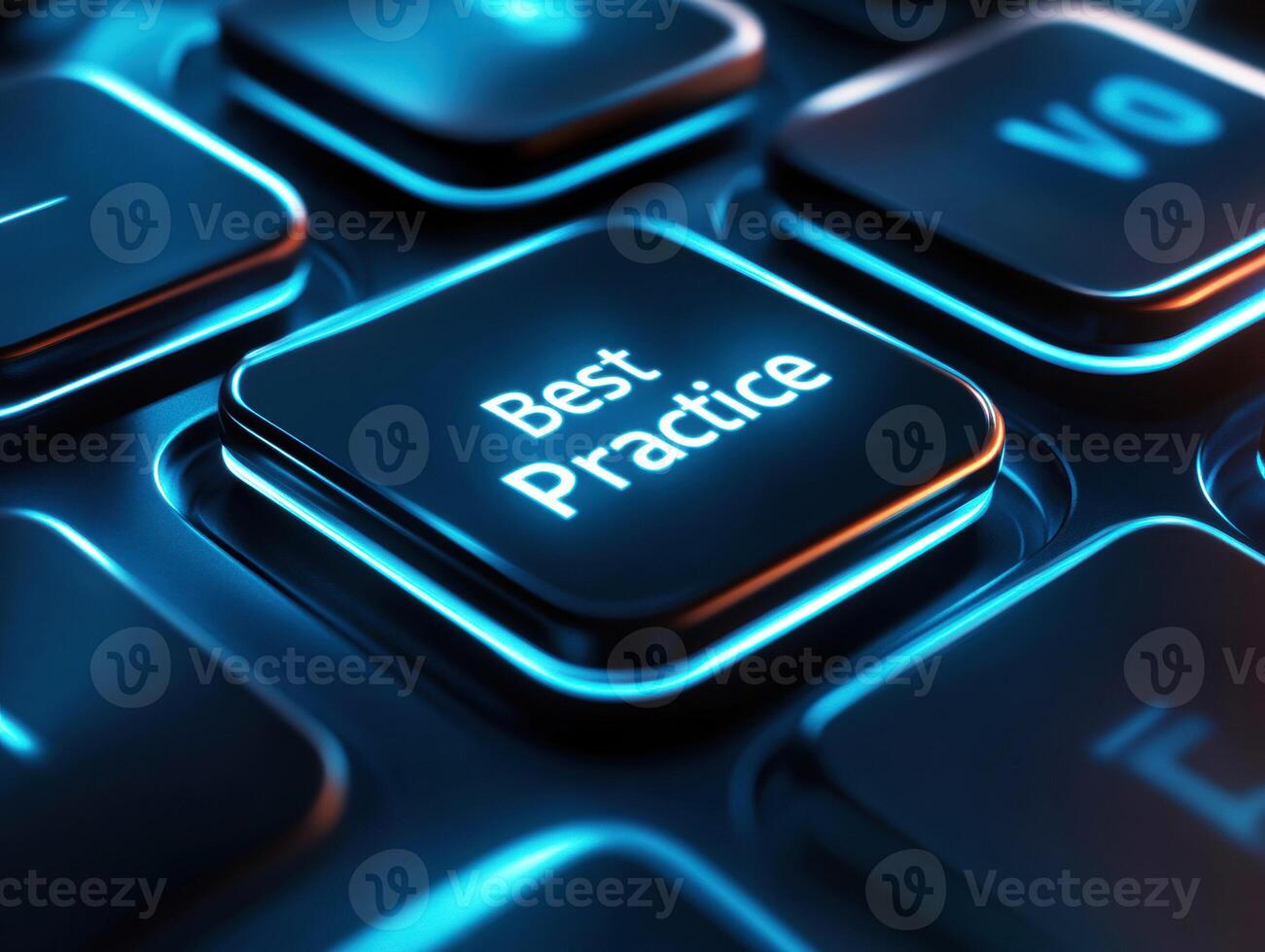 Best practice key on a modern keyboard glowing in blue light at a tech workspace photo