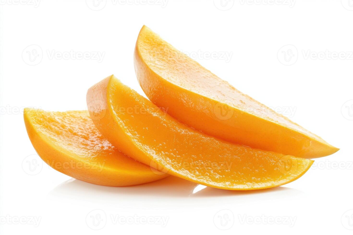 Slices of ripe mango stacked on a white background for display photo