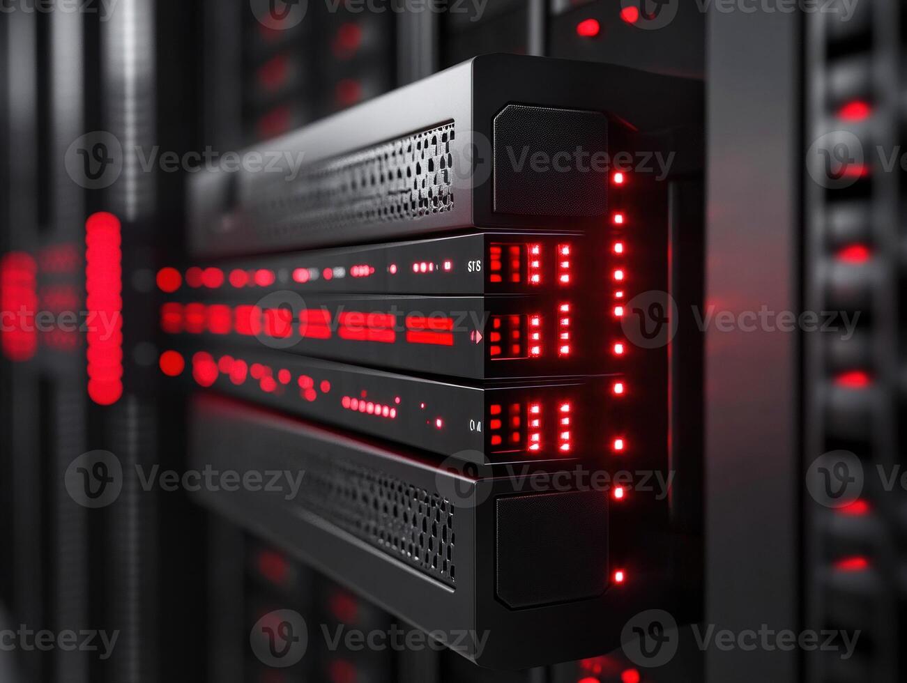 Data server rack with glowing red lights in a modern data center photo