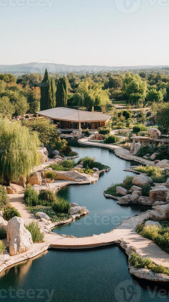 Scenic view of a waterway with rocks and vegetation leading to a house with trees and distant hills on a sunny day photo
