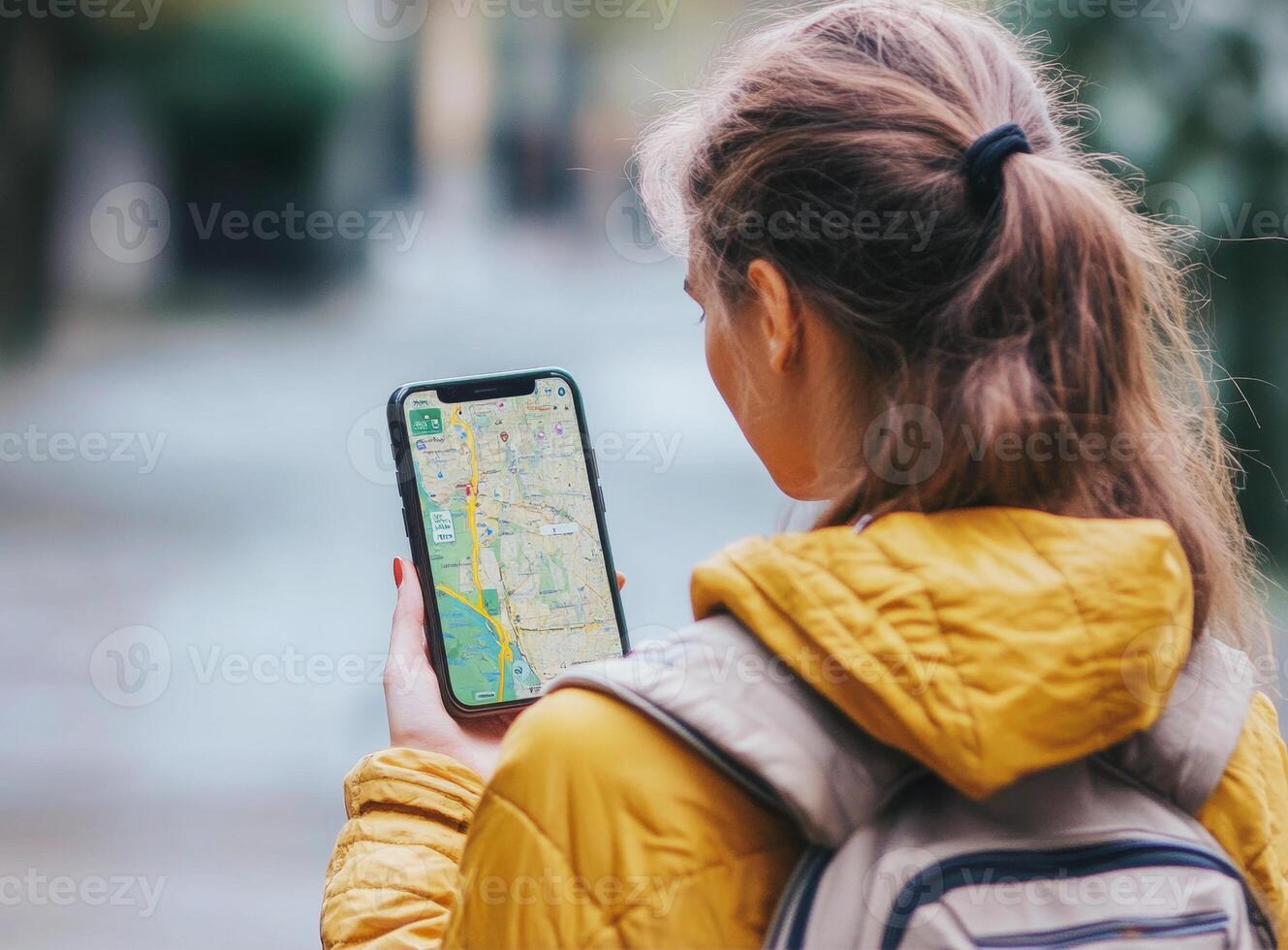 Exploring the city with a smartphone in hand during a calm morning photo