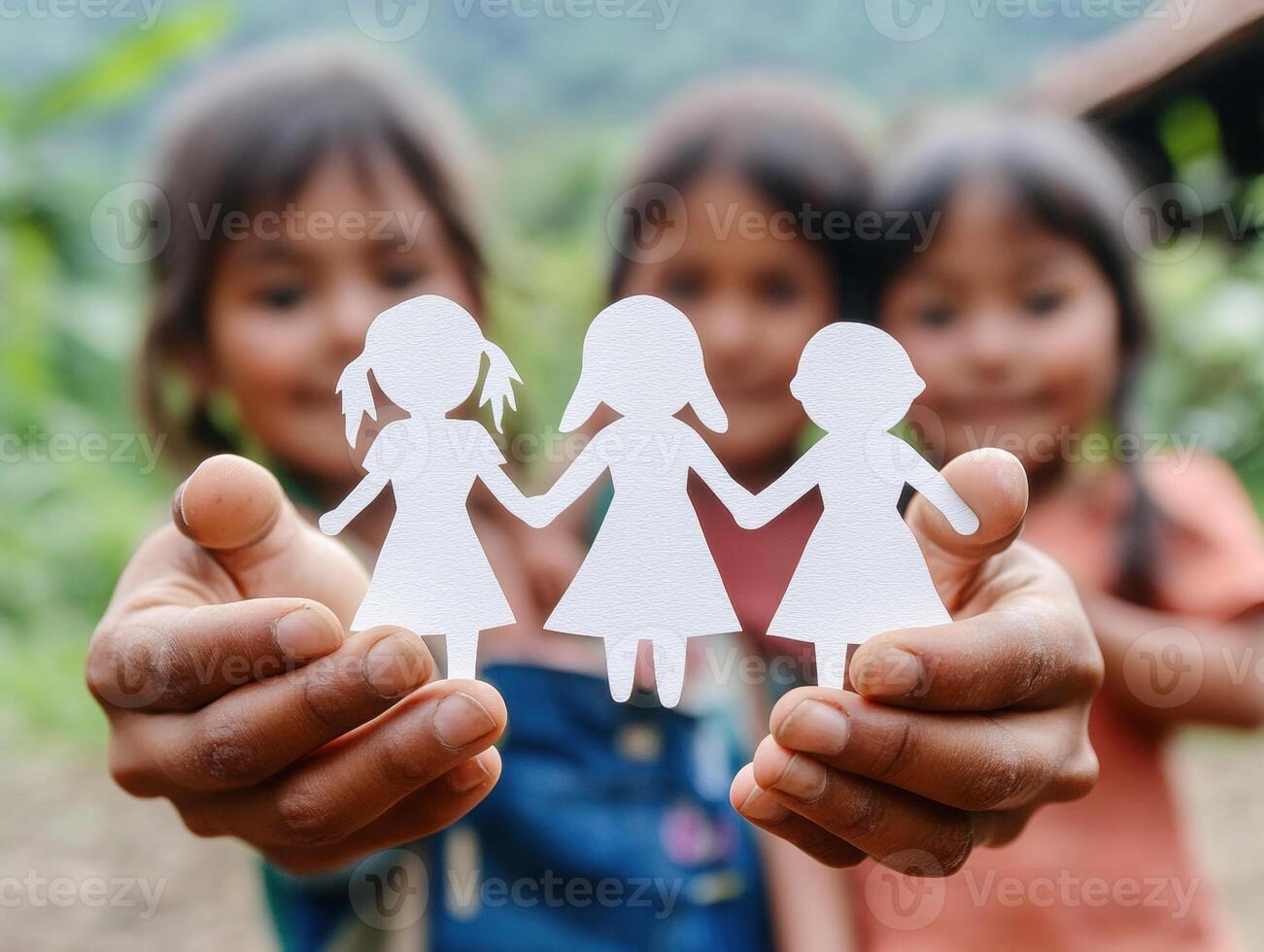 Children hold paper dolls in a rural setting with nature backdrop photo