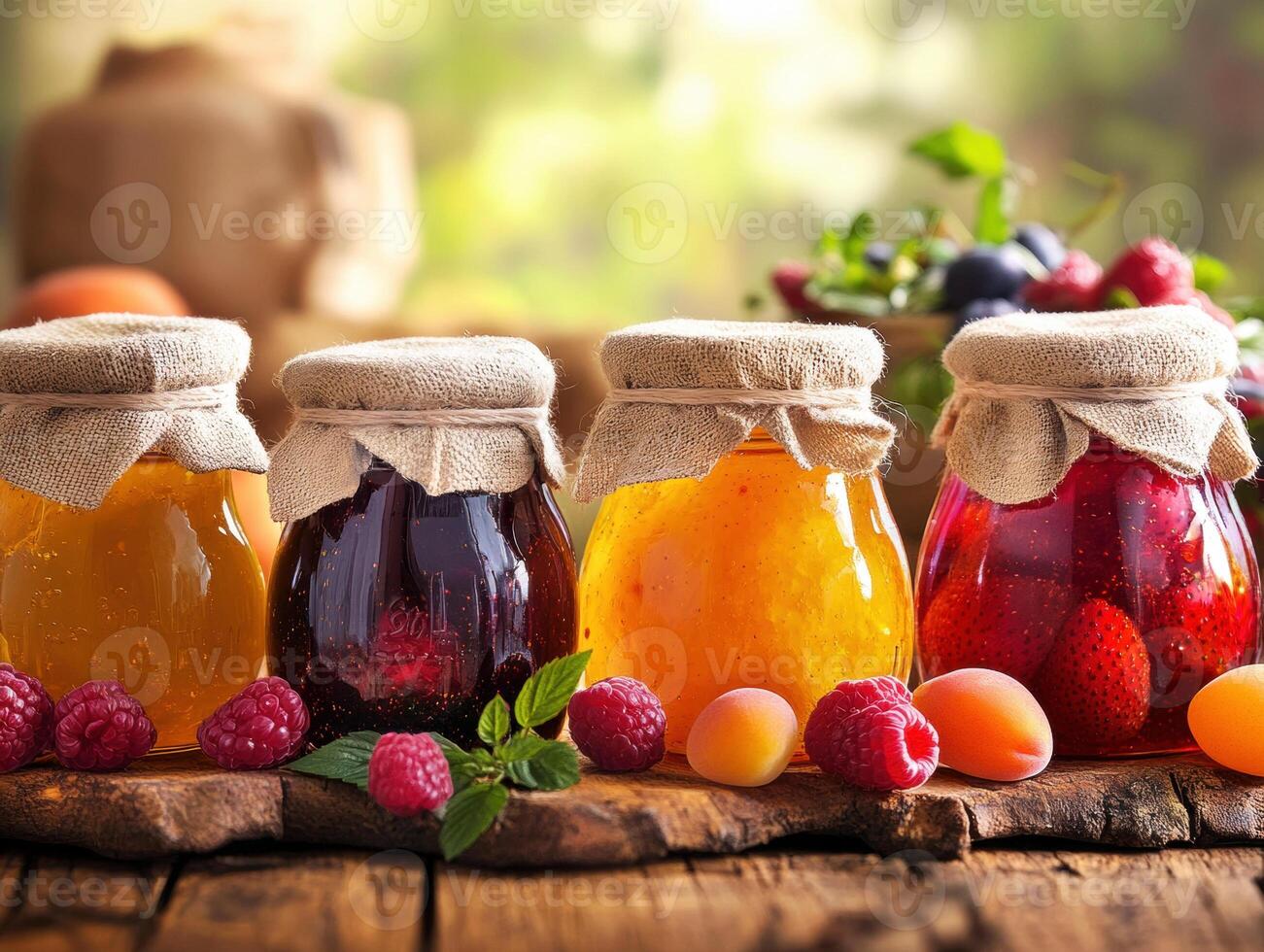 Delicious homemade jams lined up on a rustic wooden table photo