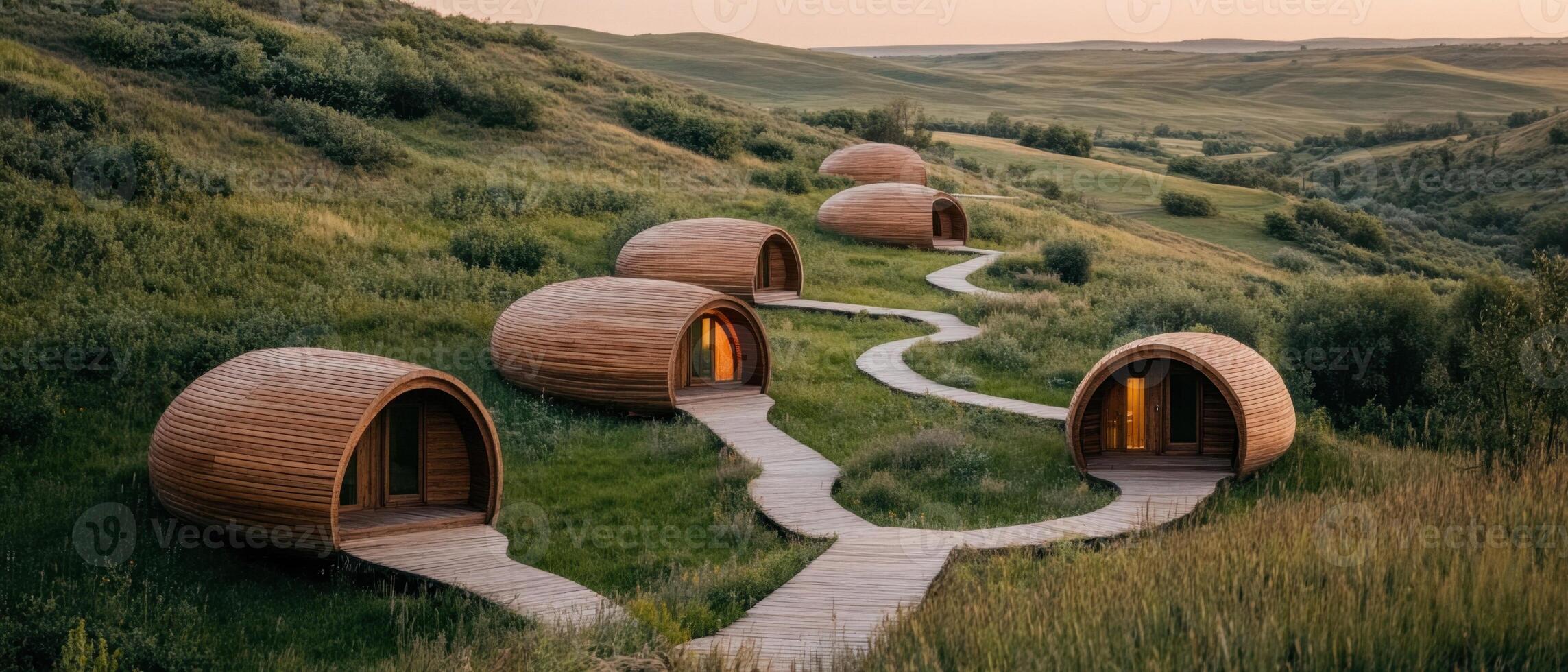 Wooden pod houses on green grassy hills. Stone paths connect houses on hillside at dusk. Simple natural architecture in a rural setting photo