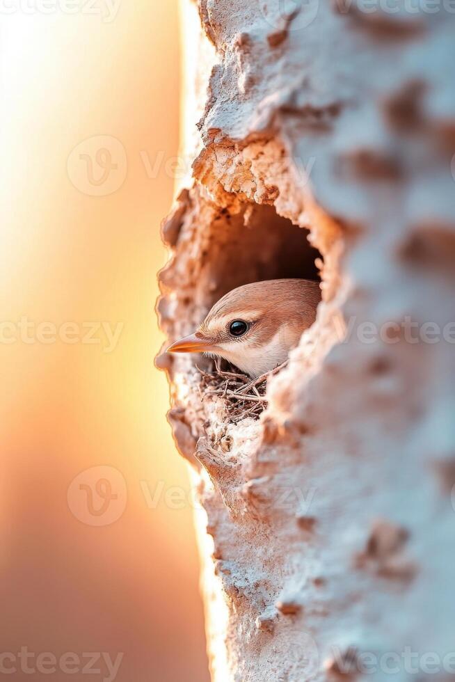 Small bird in tree trunk nest. Bird watches from inside nest on bright spring day. Bird peeks out from hole in tree photo