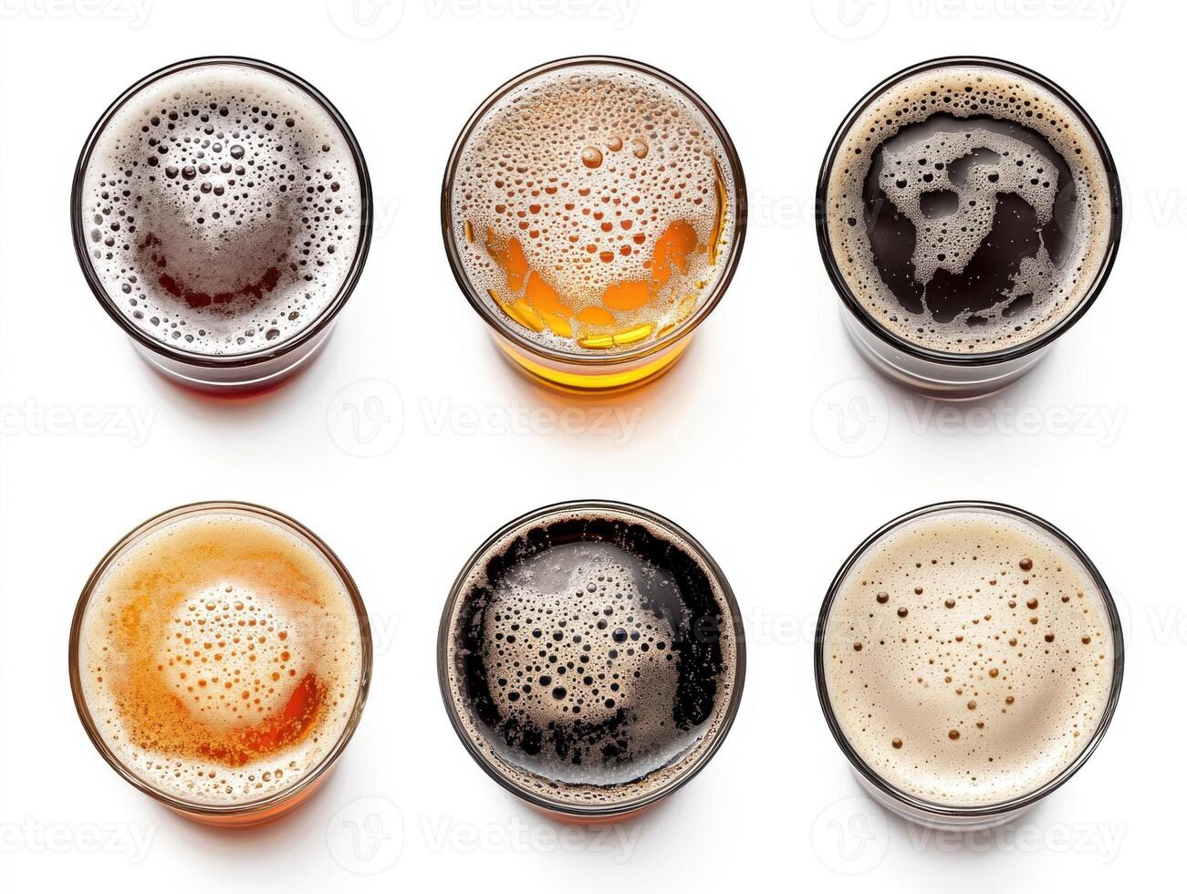 Variety of craft beers with different colors and foam levels displayed photo