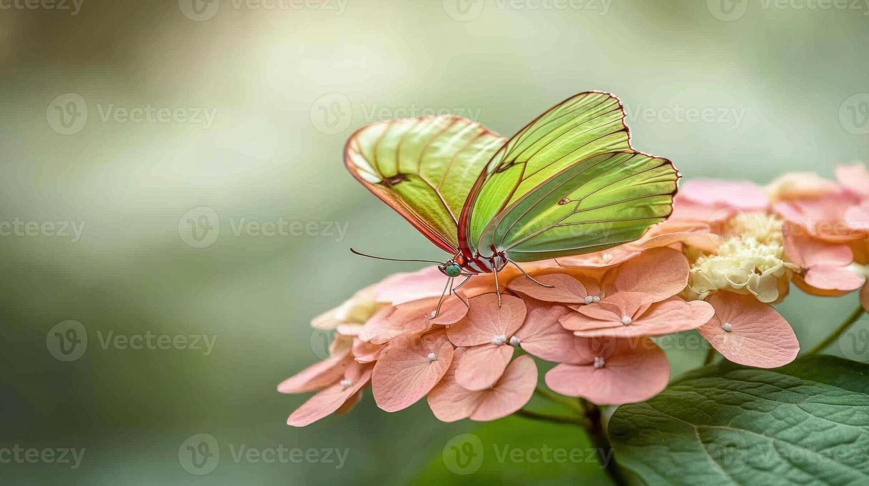 Green butterfly rests gently on delicate pink hydrangea blossoms in soft focus garden setting. Wings displayed with intricate detail against blurred background photo