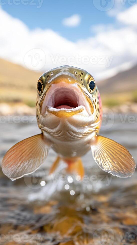 Close up of colorful fish jumping out of river water with open mouth towards the camera with blue sky background photo