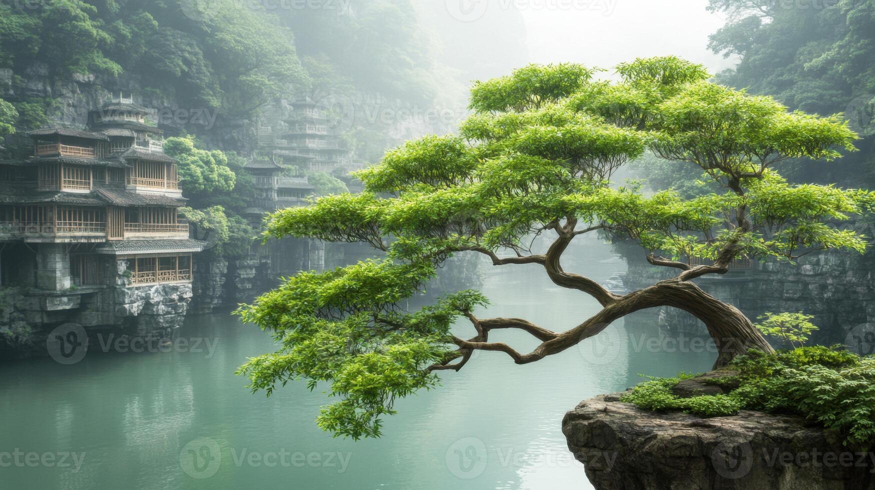 Green tree grows on a cliff by calm river. Asian style buildings are on the mountain in the distance. Foggy light in landscape. photo