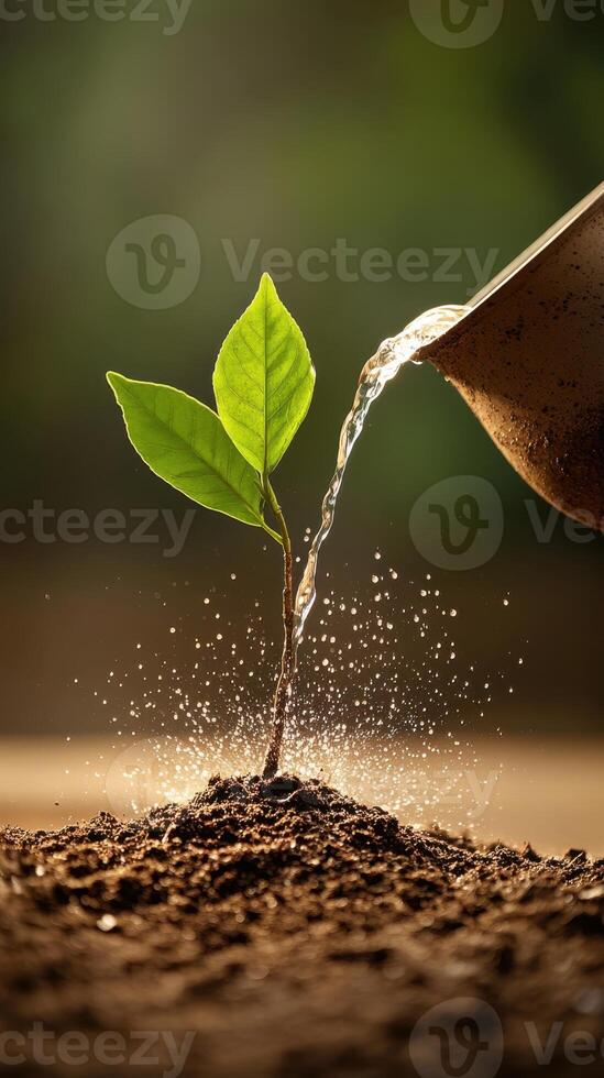 Water pours onto tiny sprout with green leaves. Dark brown soil supports new growth. Water sparkles in the warm light, nourishing future plant. photo