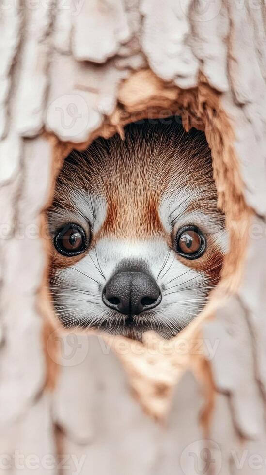 Red panda looks out a hole in a tree trunk. Small mammal stares ahead with curious eyes. Animal portrait in natural light. photo