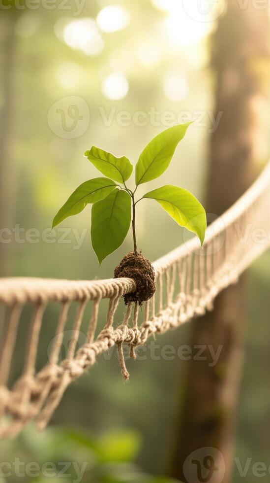 Small plant growing on rope bridge. New life emerges against blurred forest background. Green leaves sprout in nature. Sunlight shines on fresh foliage. photo