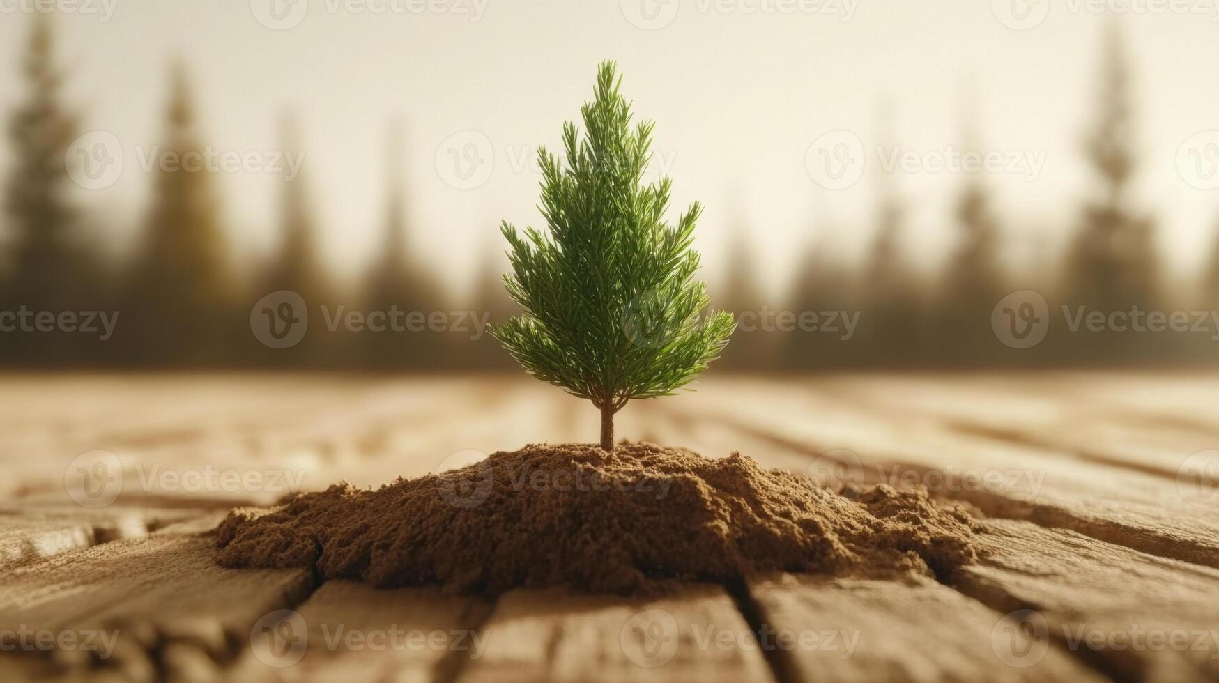 Small green tree grows from soil on weathered wood surface. Forest trees blurred in distance. Focus on new plant seedling. photo