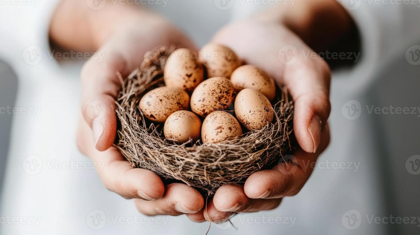 Hands holding bird nest. Small speckled eggs sit inside the woven nest. Care for nature concept. White background and soft light. photo