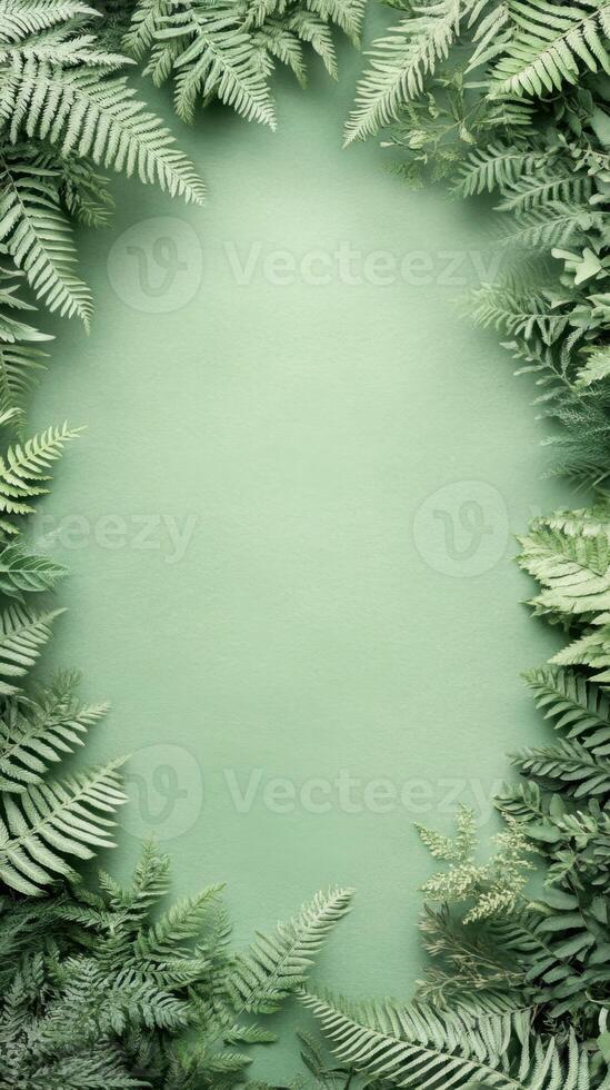 Green ferns border pale green background. Many fern fronds arranged around frame. Natural border of green plants. Vertical format. Background image with copy space. photo
