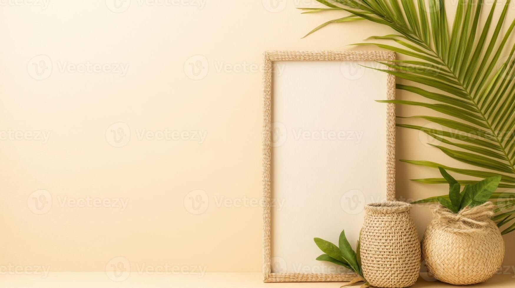 Frame mockup displays on light background with palm leaf, woven vases, and green plants. Neutral backdrop for design template showcases natural textures. photo