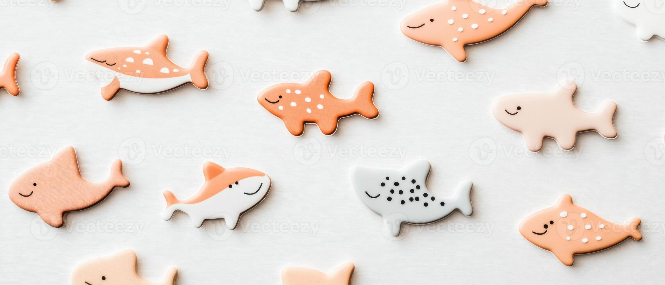 Cute shark shaped cookies arranged on a white textured surface. Pale colors and simple design. Seamless pattern and overhead view. photo