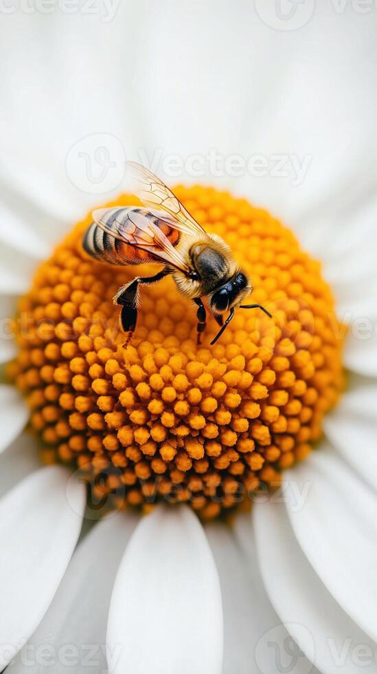 Honeybee gathers pollen. Close up of striped bee on a white petal flower with a bright orange center. Wings are slightly open. photo