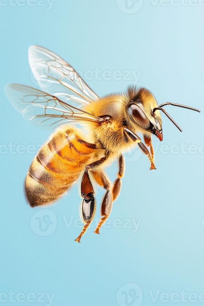Honeybee in Flight. Close up of a Bee with Pollen. Light Brown and Yellow insect flying against a Pale Blue sky. photo